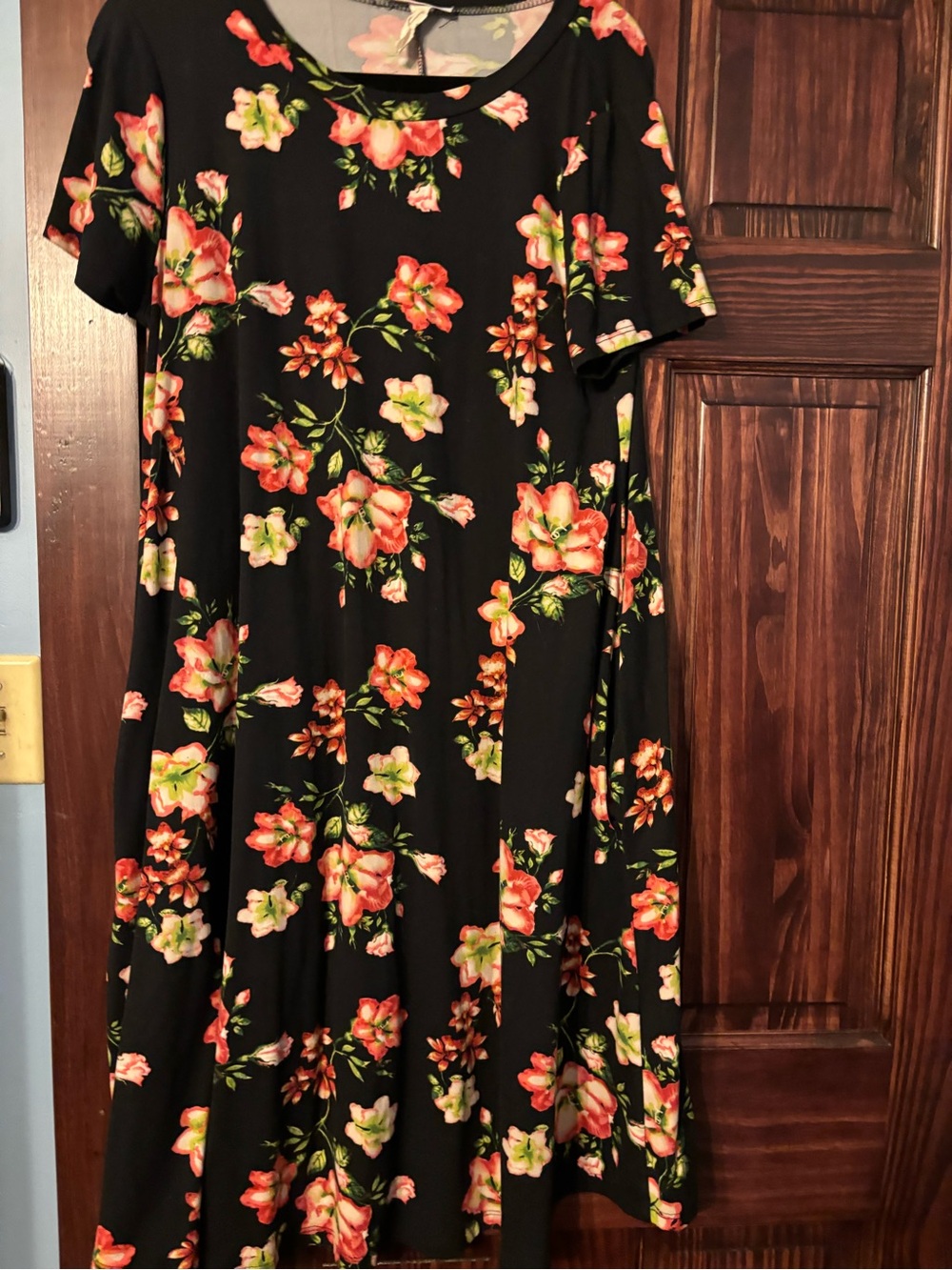 Honey and Lace Black Floral Midi Dress with Coral and Green Blooms